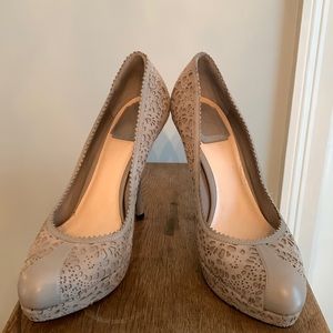 Christian Dior gray suede stilettos with silver wrap on top of heel size 39